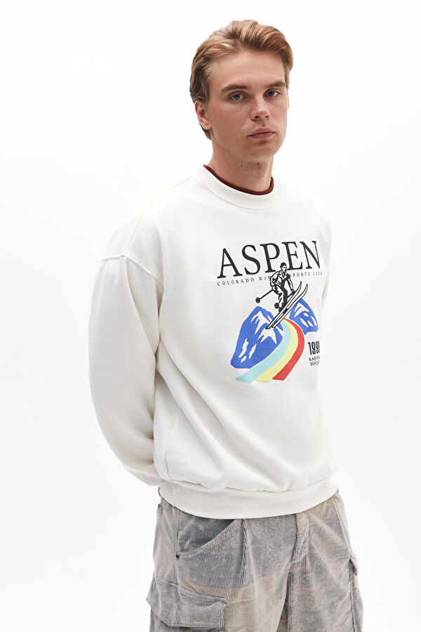 Krem Relax Kalıp Bisiklet Yaka Erkek Sweatshirt 2