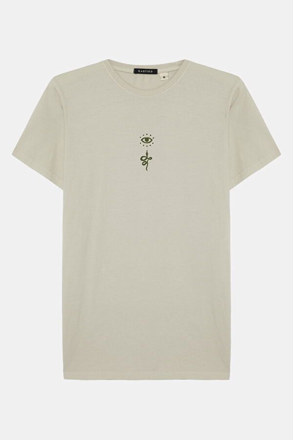 Relax Kalıp Krem Bisiklet Yaka Baskılı T-Shirt