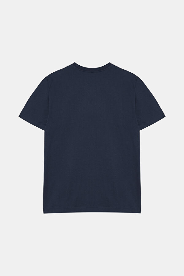 Relax Kalıp Lacivert Bisiklet Yaka Baskılı T-Shirt 2
