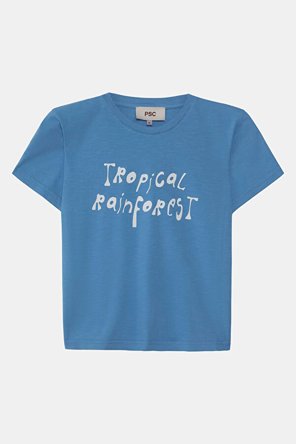 Blue Crew Neck Printed Women's T-Shirt