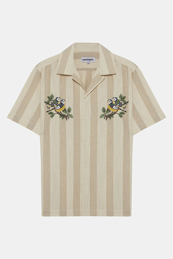 Relax Kalıp Krem Çizgili Desenli Retro Gömlek