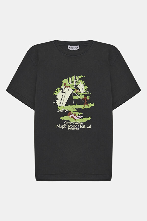 Relax Kalıp Kahve Bisiklet Yaka Baskılı T-Shirt