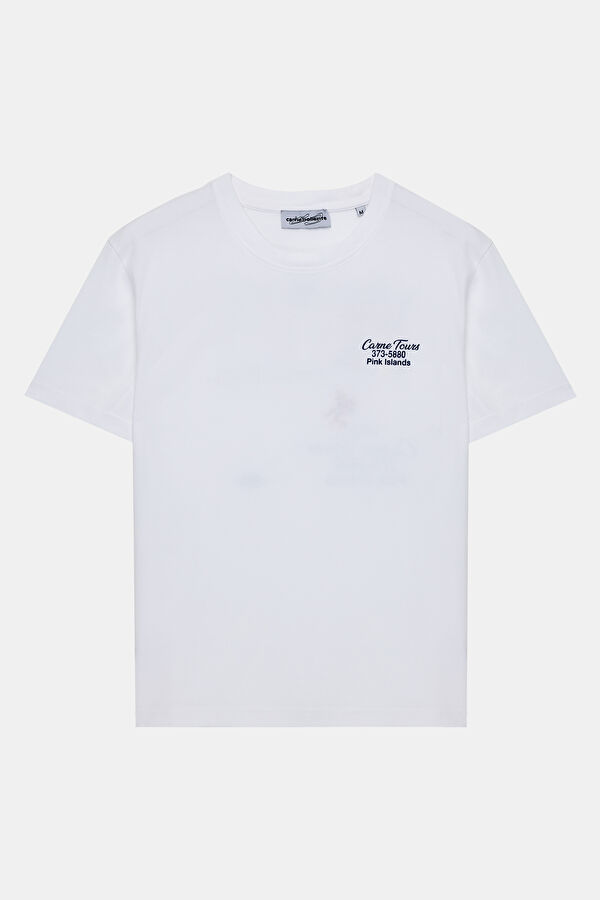 Relax Kalıp Beyaz Bisiklet Yaka Baskılı T-Shirt