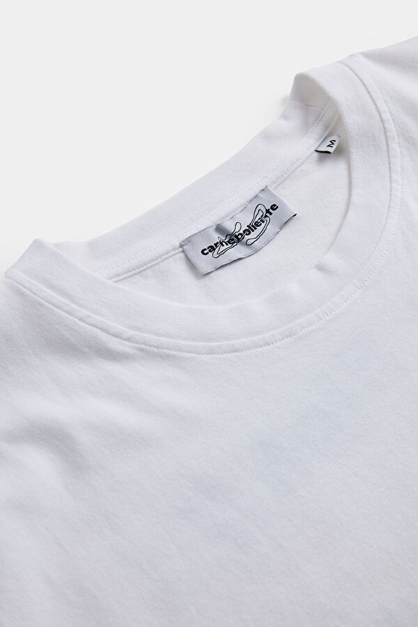 Relax Kalıp Beyaz Bisiklet Yaka Baskılı T-Shirt 4