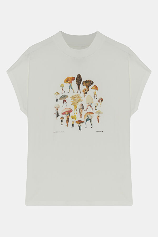 Beyaz O Yaka Baskılı T-Shirt