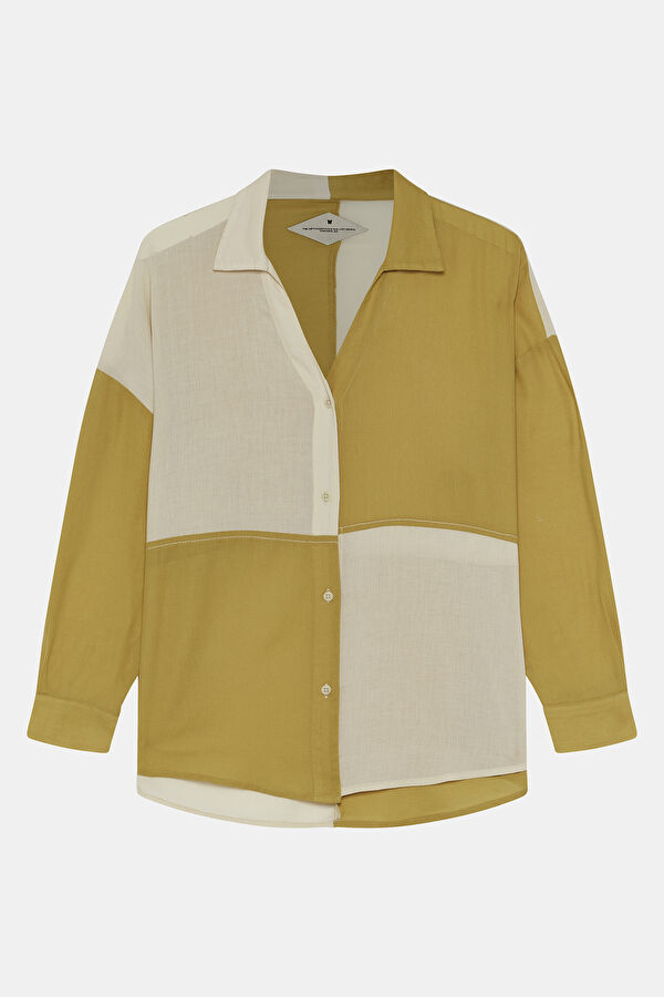 Relaxed Fit Yellow Patterned Mandarin Collar Women's Shirt
