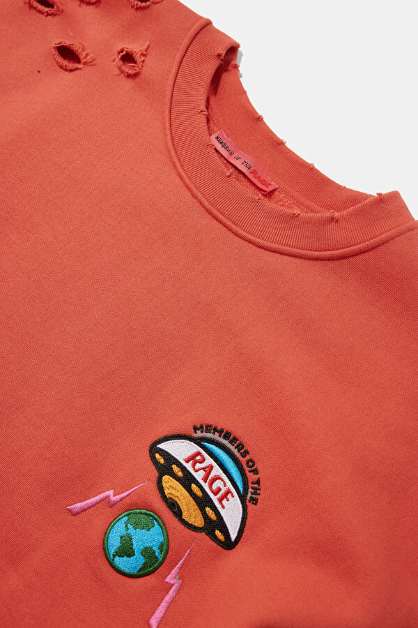 Turuncu Oversize Bisiklet Yaka Erkek Sweatshirt 3