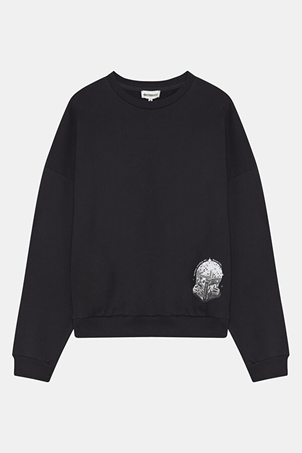 Siyah Bisiklet Yaka Erkek Sweatshirt