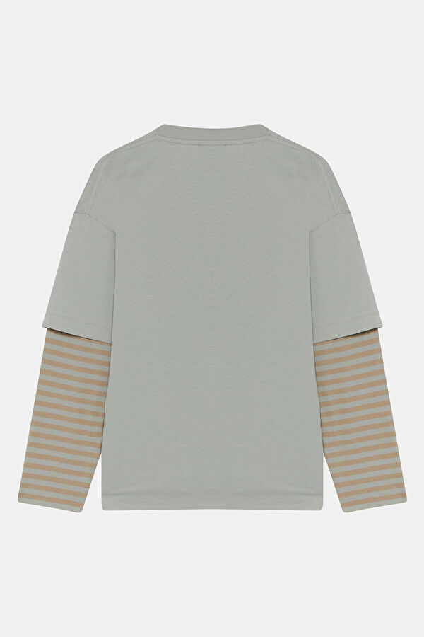 Oversize Gri Bisiklet Yaka Baskılı T-Shirt 2