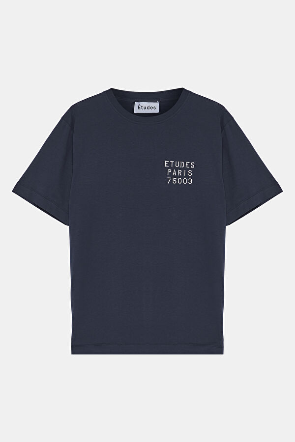 Oversize Lacivert Bisiklet Yaka Baskılı T-Shirt