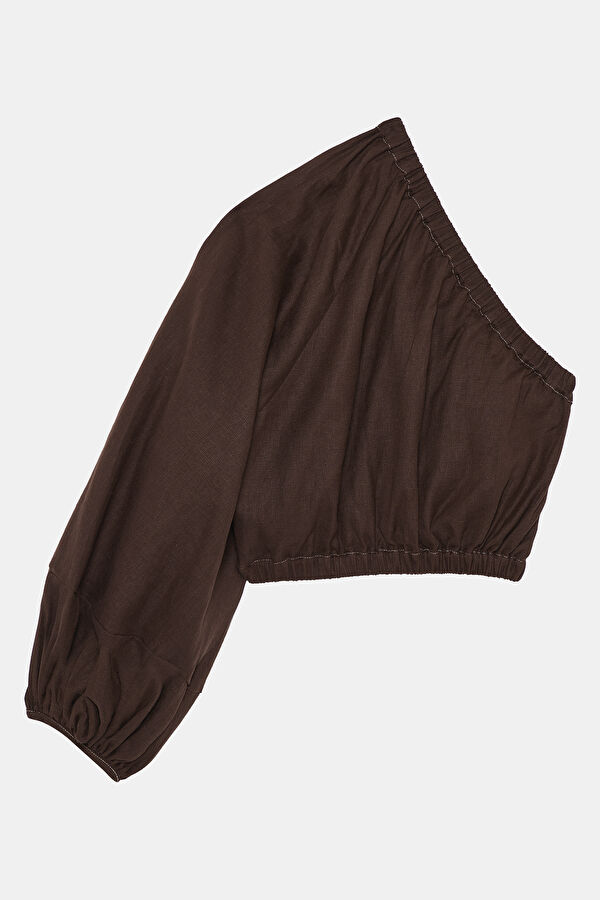 Brown Long-Sleeve Linen Women's Blouse