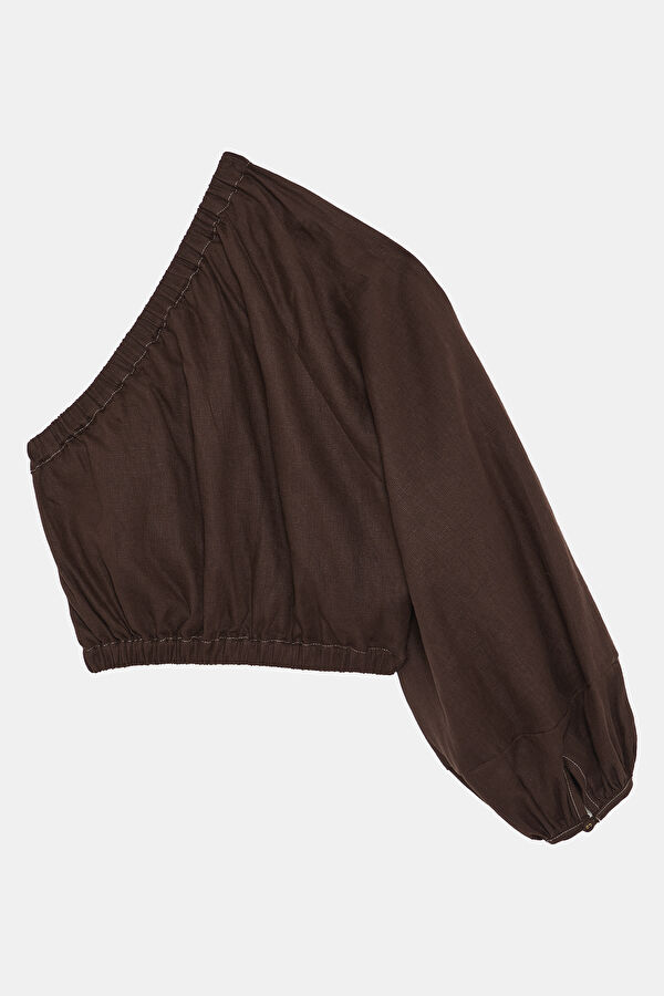 Brown Long-Sleeve Linen Women's Blouse 2