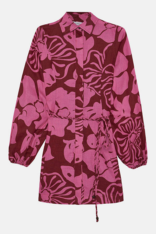 Pink Patterned Mini Linen Women's Dress 3