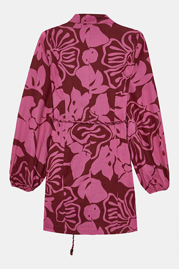 Pink Patterned Mini Linen Women's Dress 4