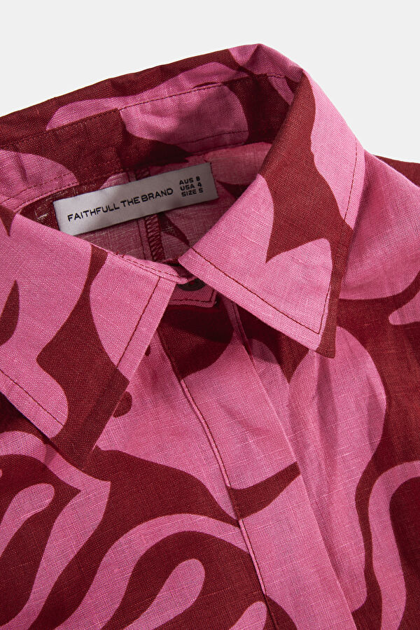 Pink Patterned Mini Linen Women's Dress 5