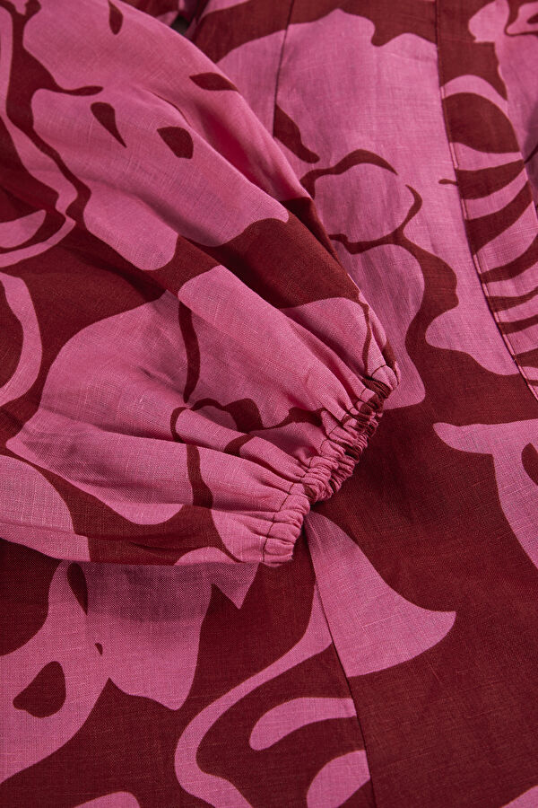 Pink Patterned Mini Linen Women's Dress 6