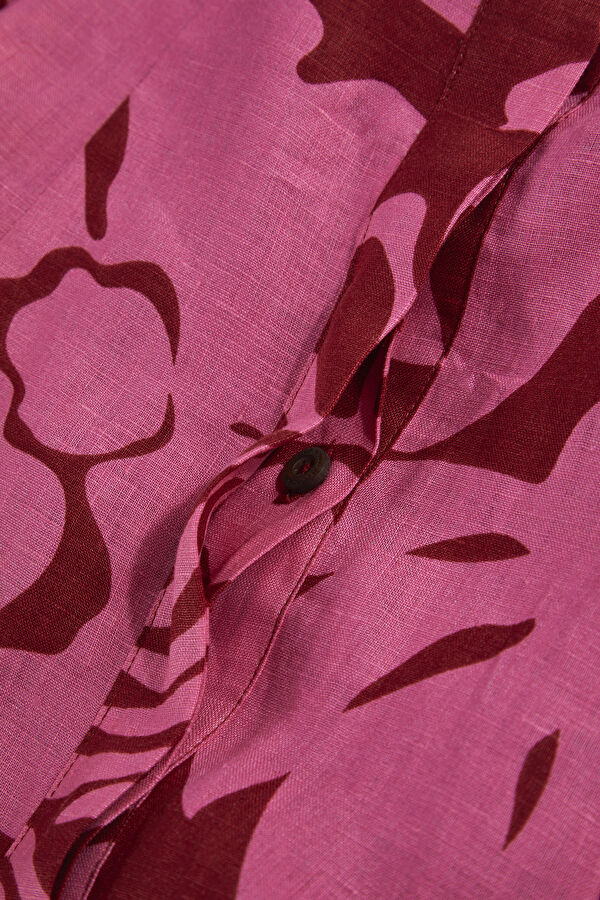Pink Patterned Mini Linen Women's Dress 7