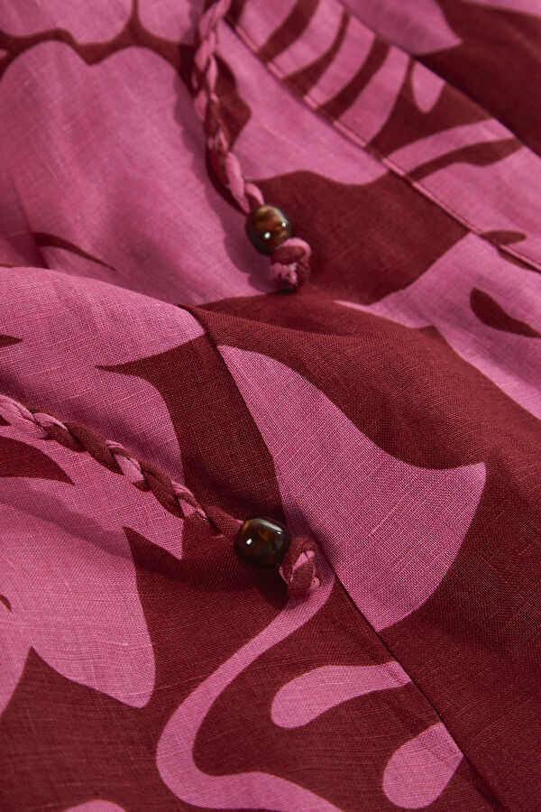 Pink Patterned Mini Linen Women's Dress 8