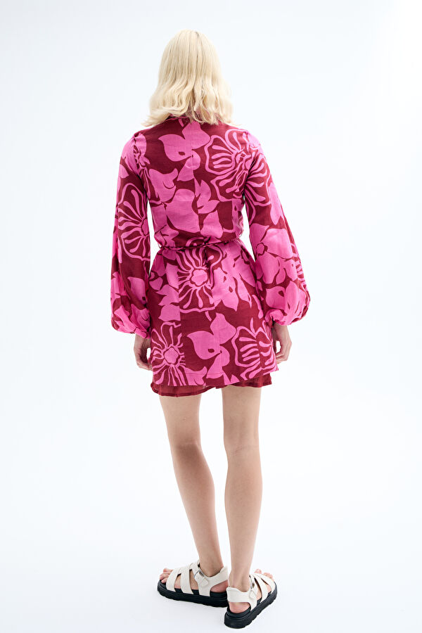 Pink Patterned Mini Linen Women's Dress 2