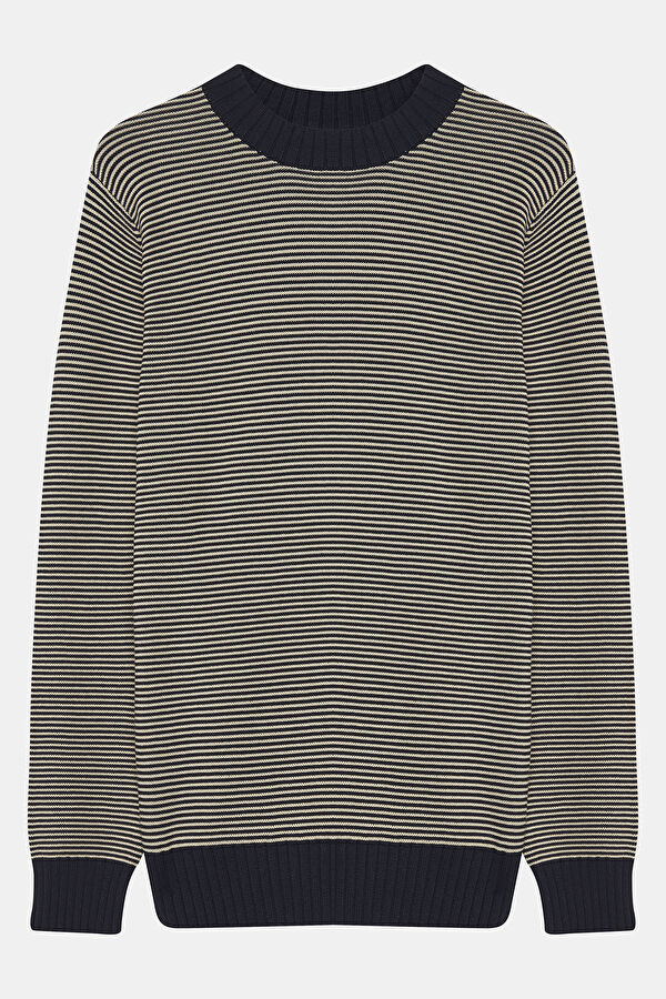 Navy Blue Striped Patterned Bicycle Collar Jersey
