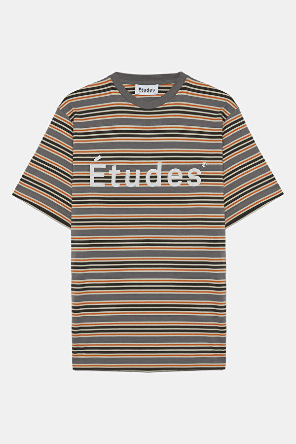 Relax Kalıp Turuncu Bisiklet Yaka Çizgili Desenli T-Shirt