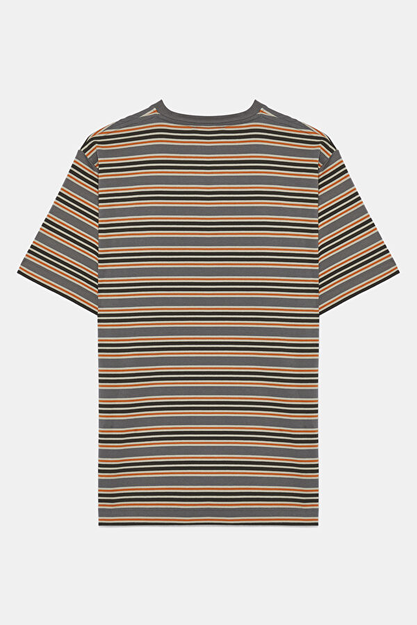 Relax Kalıp Turuncu Bisiklet Yaka Çizgili Desenli T-Shirt 2