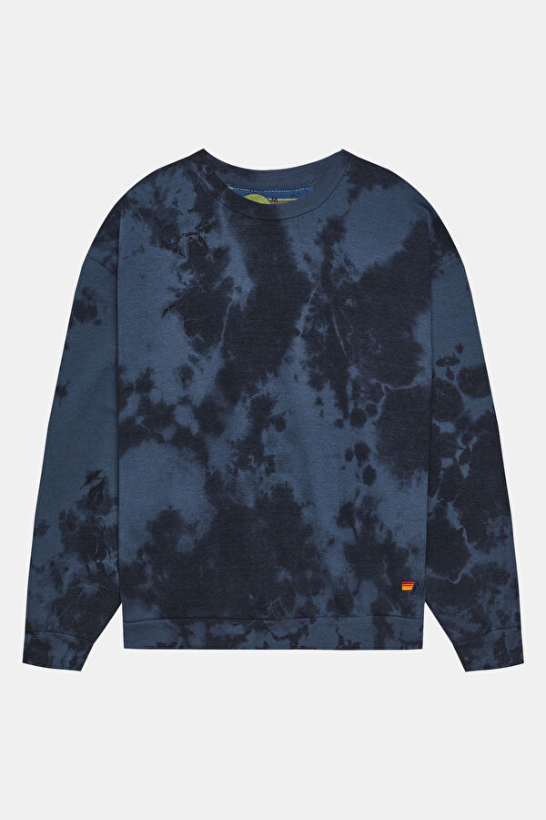 Oversize Navy Blue Design Filled Bicycle Collar Sweatshirt