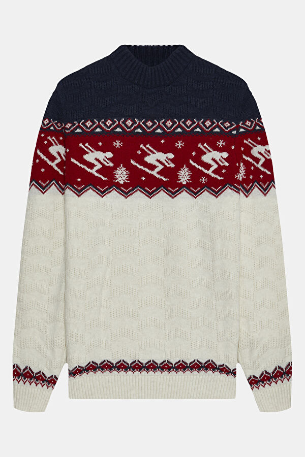 Navy Blue Knitting Design Upright Collar Jersey