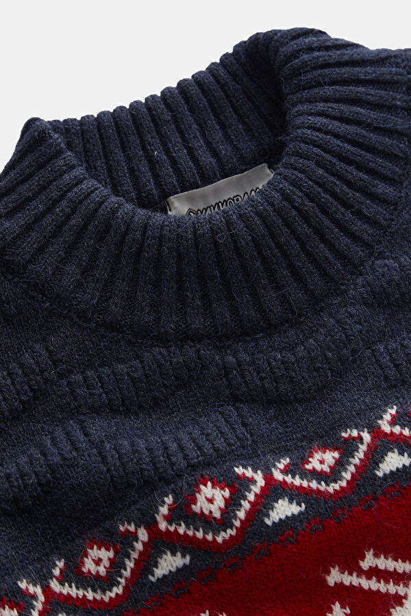 Navy Blue Knitting Design Upright Collar Jersey 3