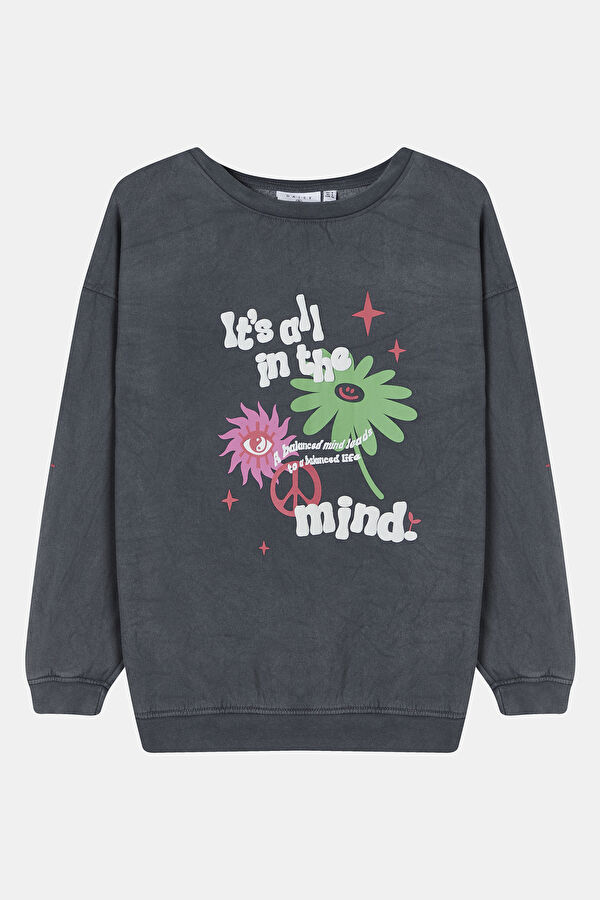Gri Relax Kalıp Bisiklet Yaka Sweatshirt 4