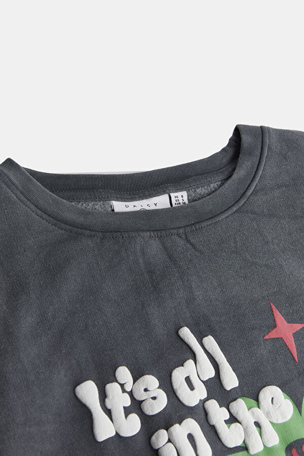 Gri Relax Kalıp Bisiklet Yaka Sweatshirt 6