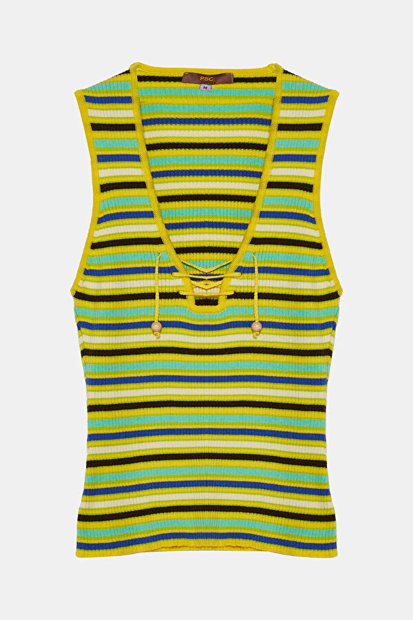 Green Striped Patterned Strappy Women's Blouse
