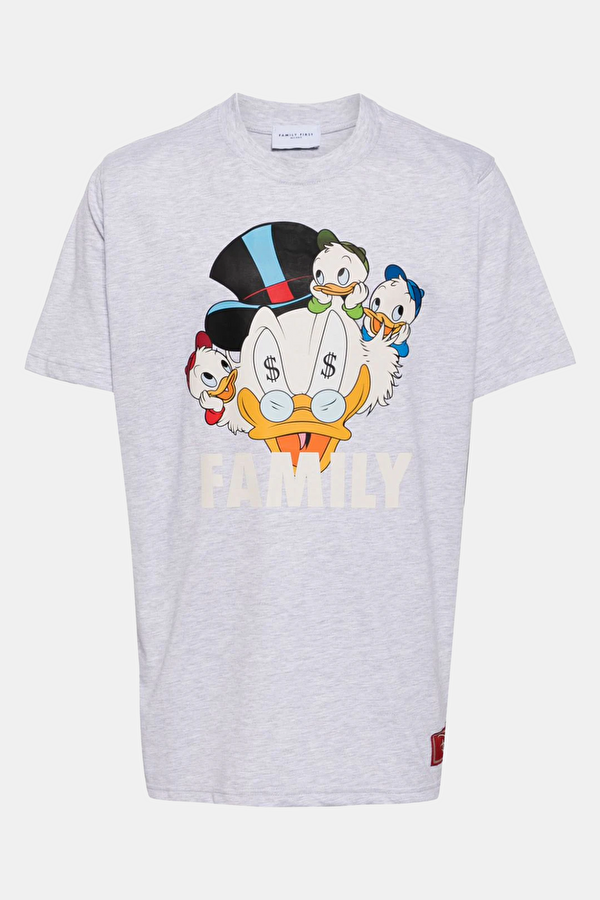 Bisiklet Yaka Baskılı Gri T-Shirt