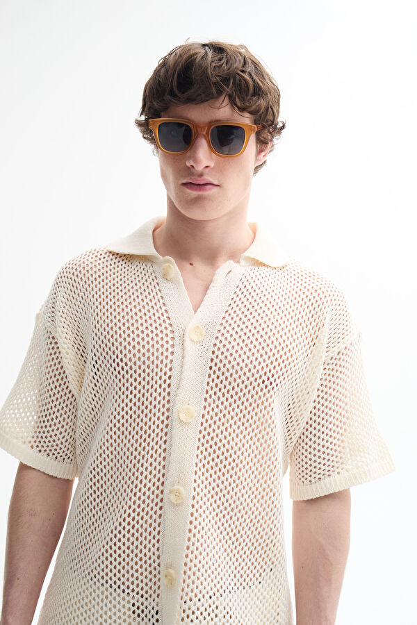 Relax Fit Cream Knitted Pattern Men's Shirt