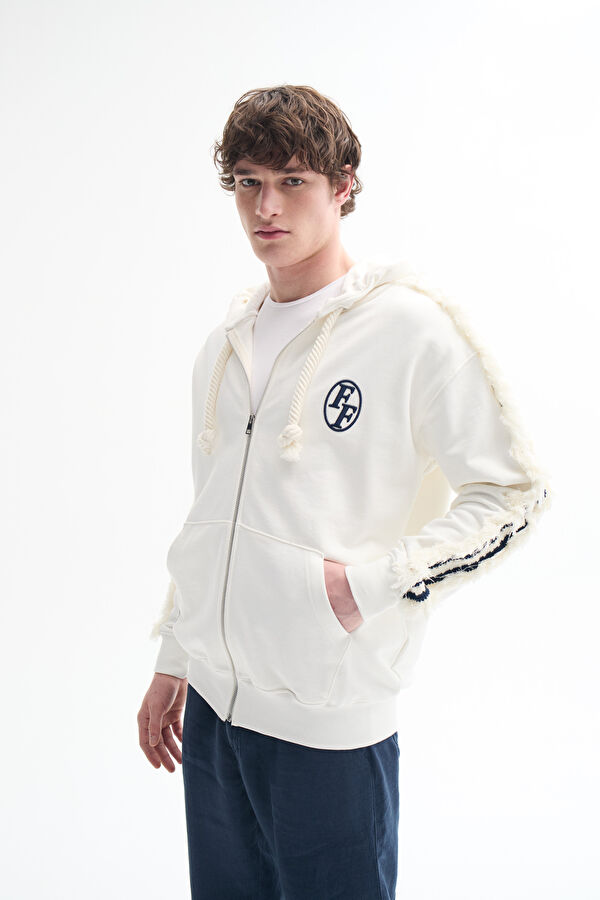 Beyaz Relax Kalıp Kapuşonlu Erkek Sweatshirt