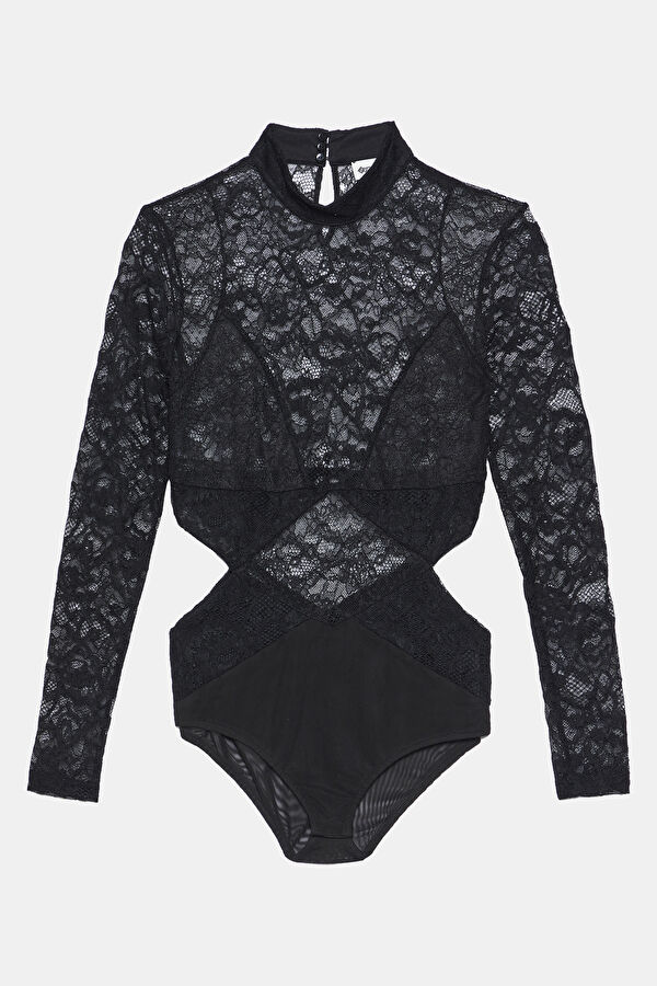 Close Fit Black Lacy Upright Collar Blouse