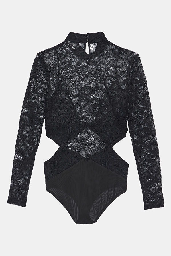 Close Fit Black Lacy Upright Collar Blouse 2