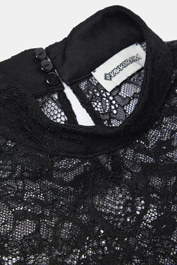 Close Fit Black Lacy Upright Collar Blouse 3