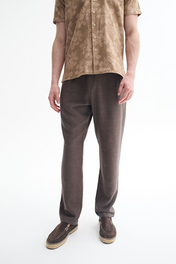 Brown Straight Cut Linen Viscose Trousers 2