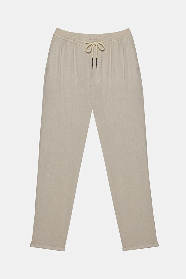 Beige Straight Leg Linen Viscose Men's Trousers
