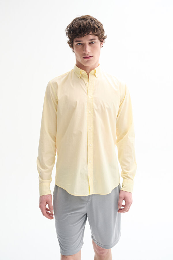 Relaxed Fit Light Yellow Button-Down Collar Men's Shirt