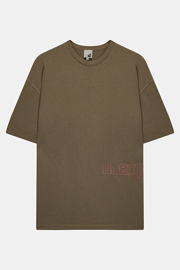 Oversize Bej Bisiklet Yaka Baskılı T-Shirt 4