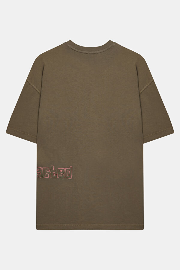 Oversize Bej Bisiklet Yaka Baskılı T-Shirt 5