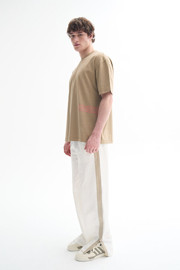 Oversize Bej Bisiklet Yaka Baskılı T-Shirt 2