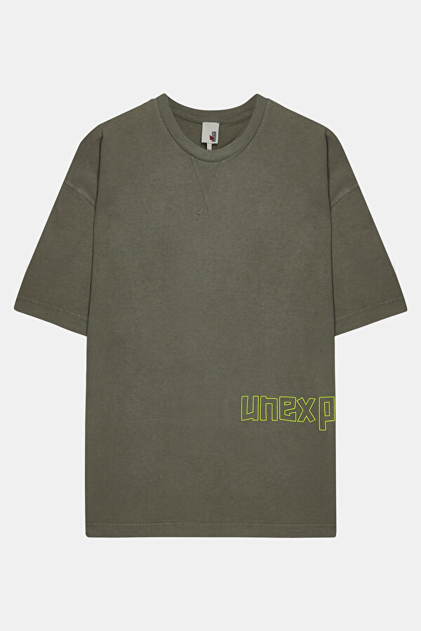 Oversize Yeşil Bisiklet Yaka Baskılı T-Shirt