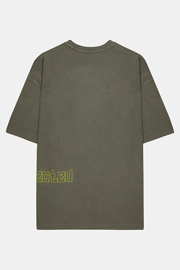 Oversize Yeşil Bisiklet Yaka Baskılı T-Shirt 2