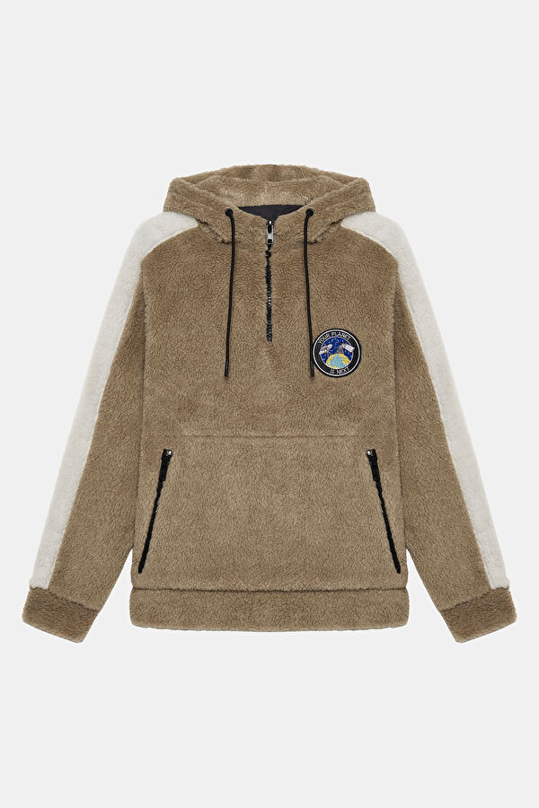 Bej Oversize Kapuşonlu Sweatshirt