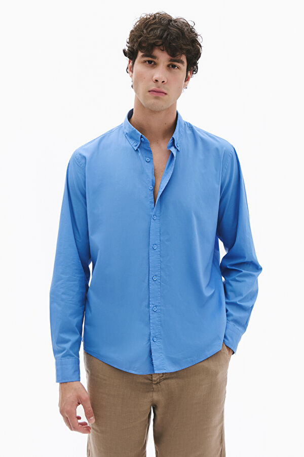 Relaxed Fit Dark Blue Button-Down Collar Men's Shirt