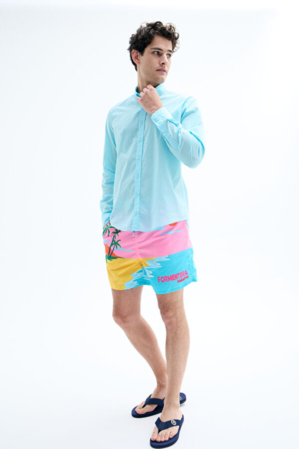 Relax Fit Turquoise Button-Down Collar Men's Shirt