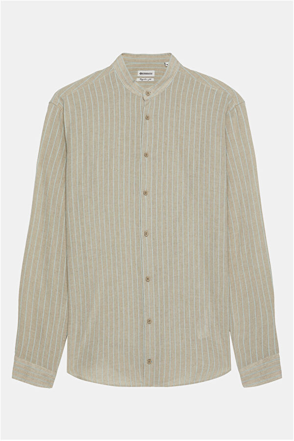 Natural Striped Patterned Mandarin Collar Cotton/Linen Men's Shirt